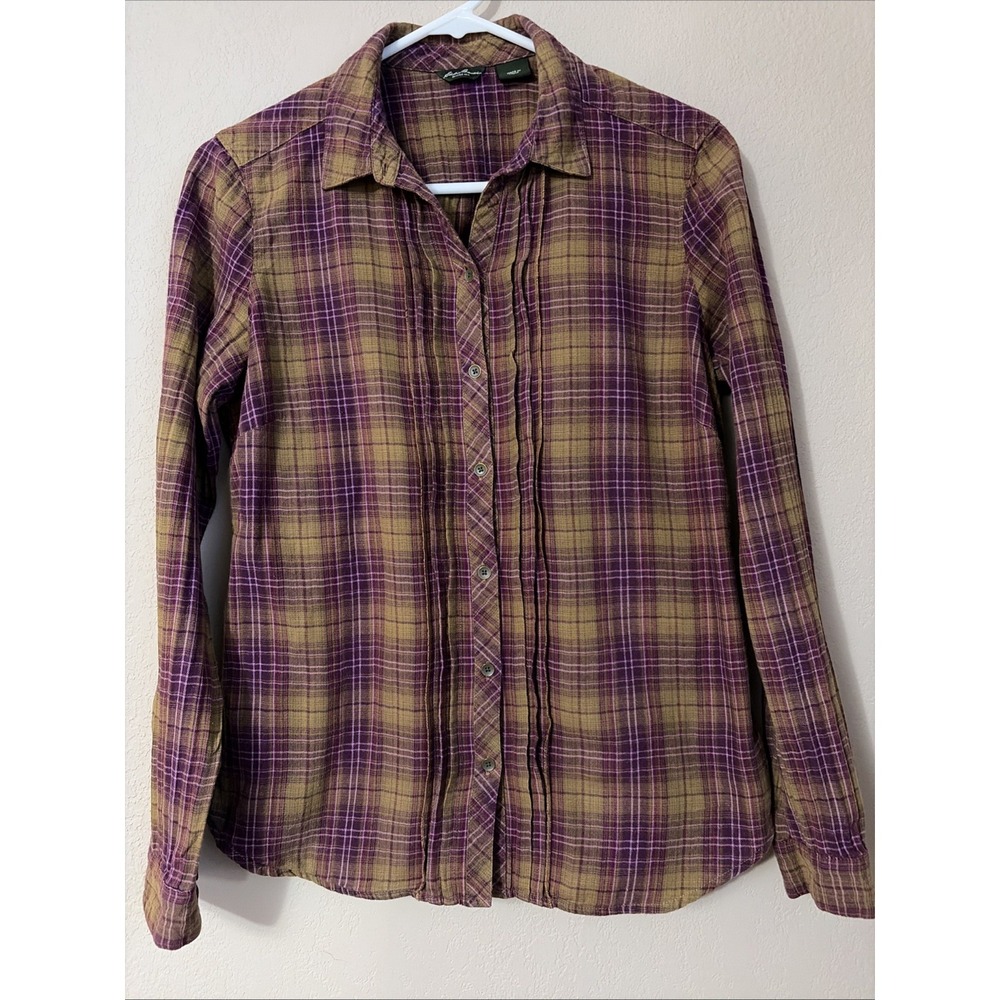 Eddie Bauer Women's Plaid Shirt Green/purple/pink Long Sleeved Small